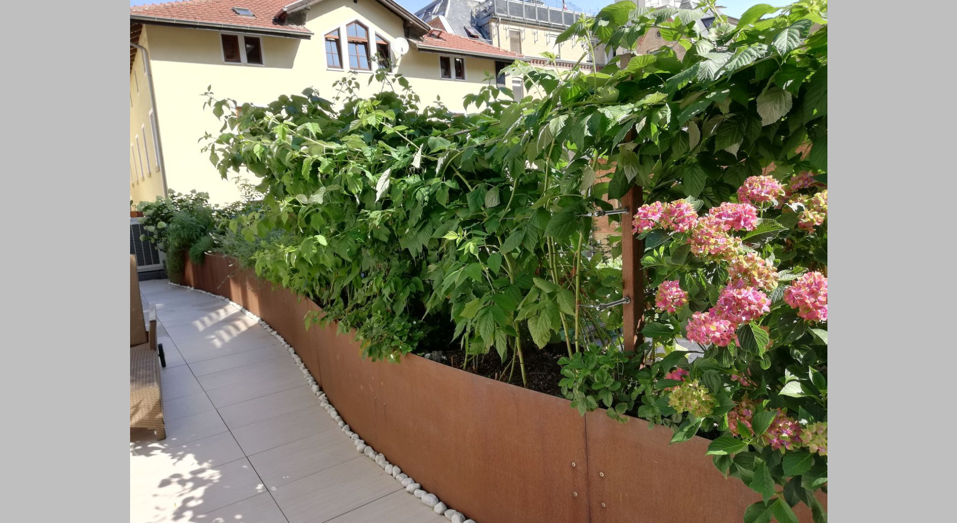 Die Terrasse an der Seite ist hauptsächlich ein Kräutergarten